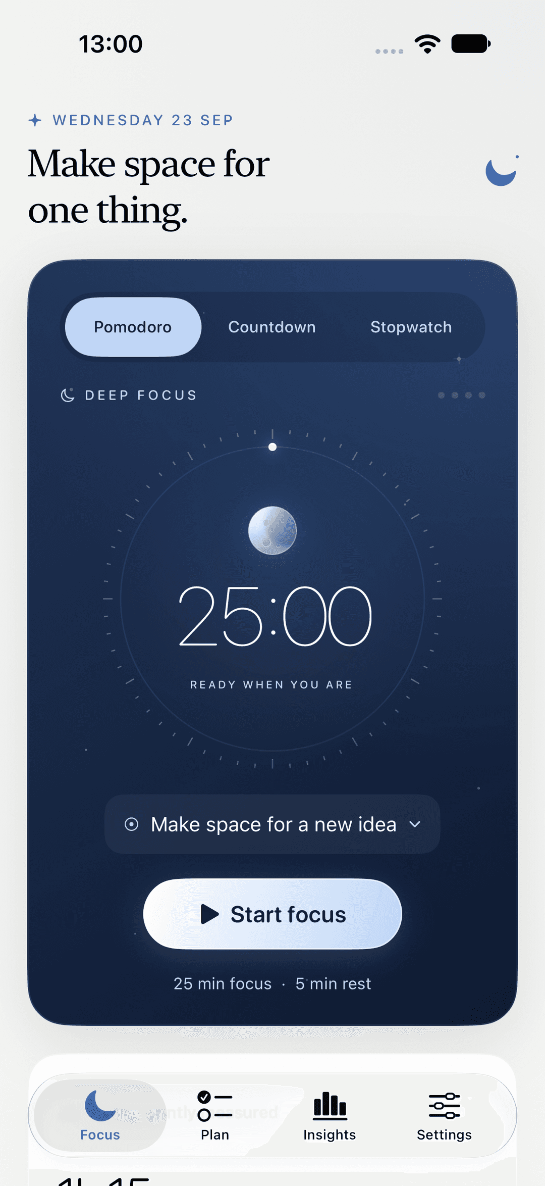 Nila’s iPhone focus screen with a moon-inspired timer, focus controls and today’s focus total.