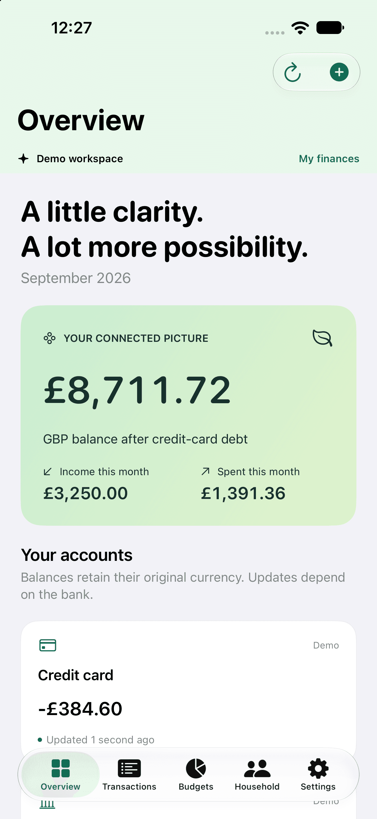 Penny’s iPhone demo overview showing a sample balance, monthly income, spending and accounts.
